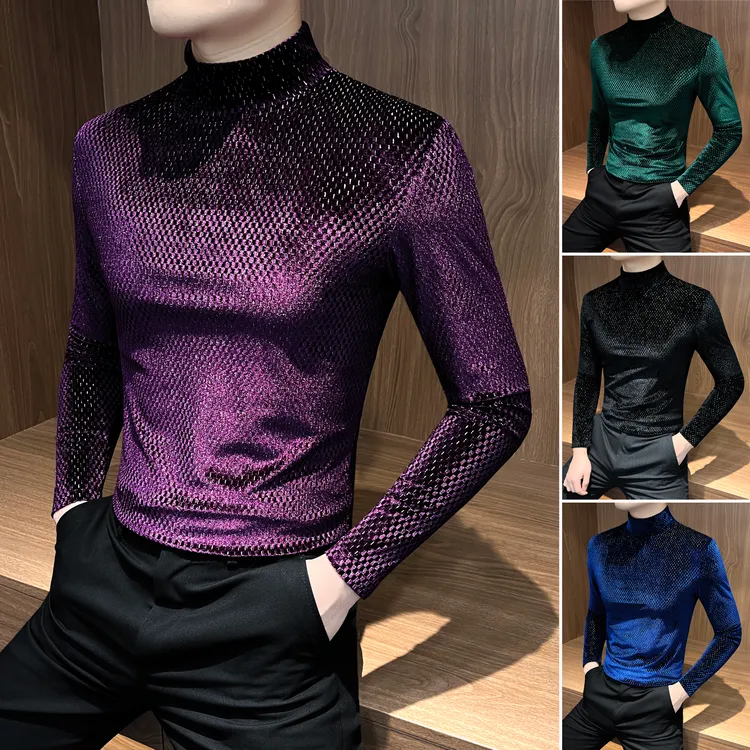 金丝绒半高领男士打底衫秋冬款网红痞帅男装修身格子内搭长袖t恤