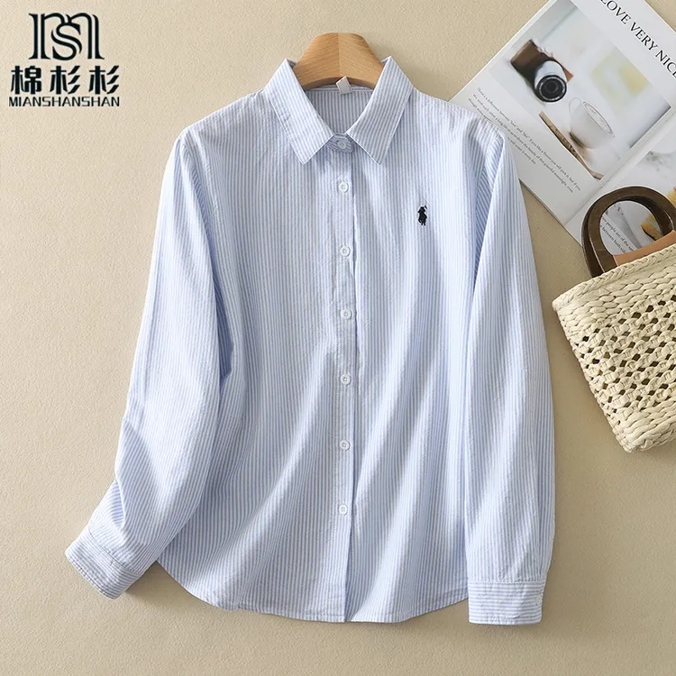 战马刺绣纯棉牛津纺条纹文艺清新尖领衬衫上衣女春秋款内搭衬衣