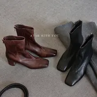 【STAR】法式方头复古粗跟后拉链擦色高级手工定制美拉德短靴5cm