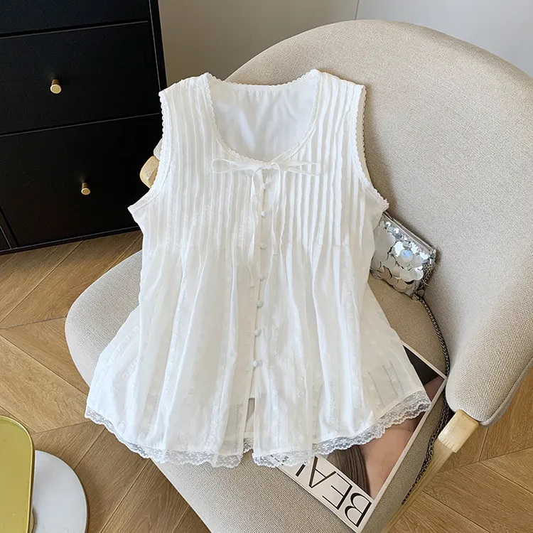 2025新款通勤百搭独特设计感雷丝压边圆领无袖背心女夏季甜美上衣