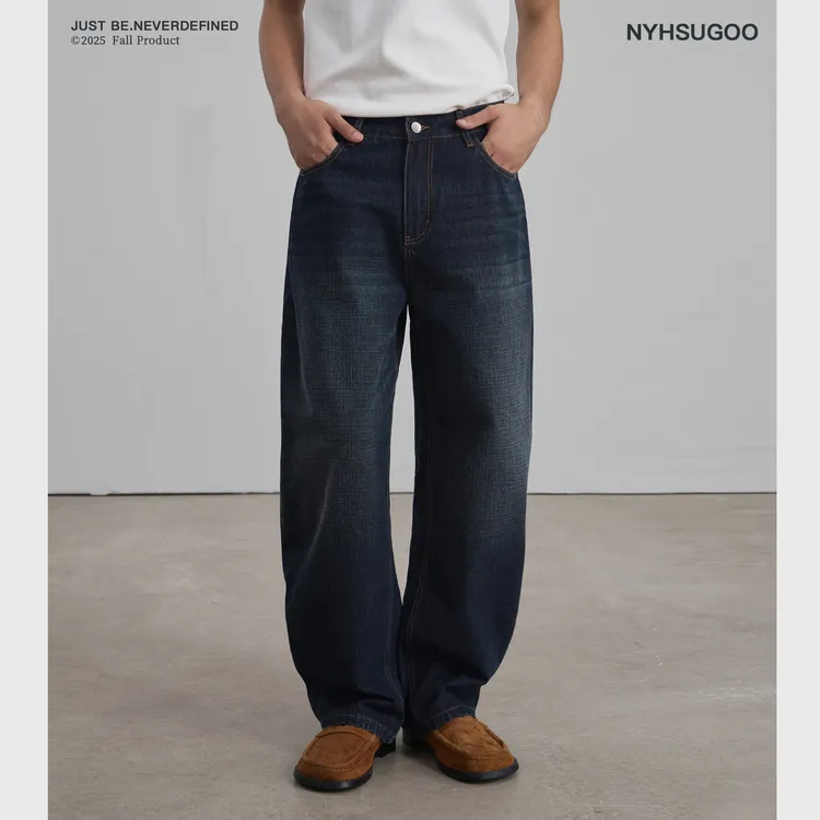 NYHSUGOO/南乙秋季竹节棉感手工猫须微弯刀牛仔裤3867男士复古