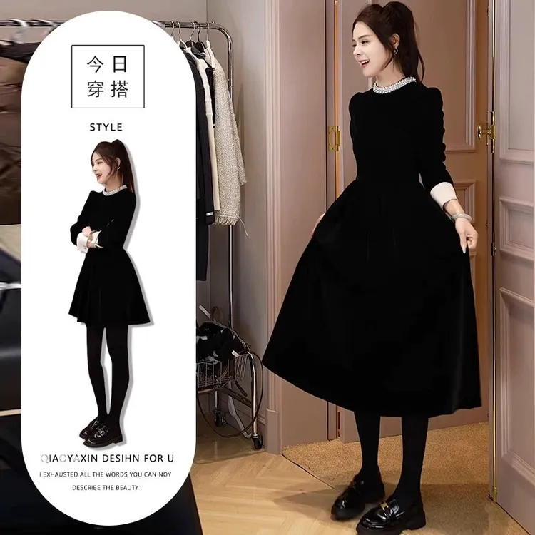 法式高端气质爆款连衣裙时尚圆领收腰黑色长袖高级感绝美裙子女装