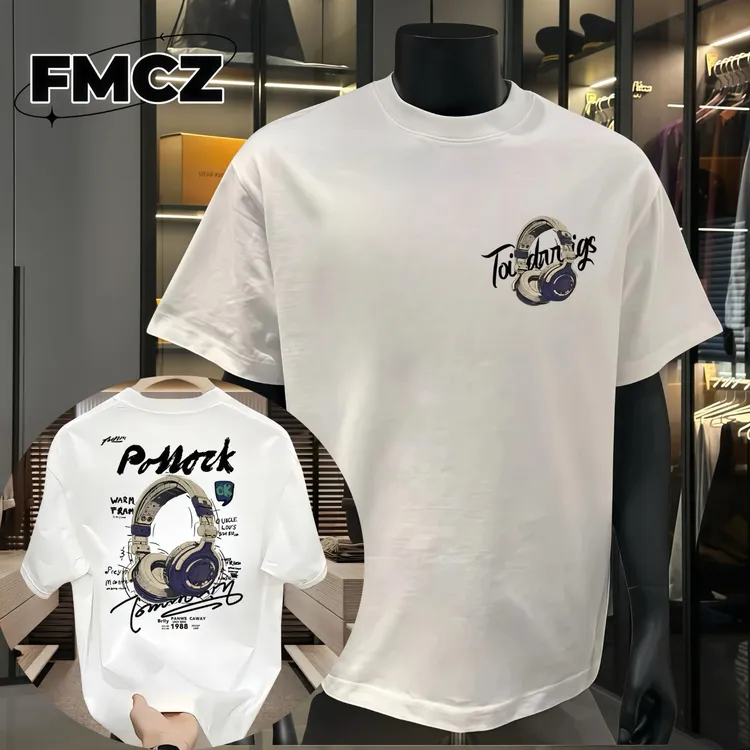 男士圆领休闲时尚春季纯棉印花百搭宽松男装T恤印花轻奢高品质