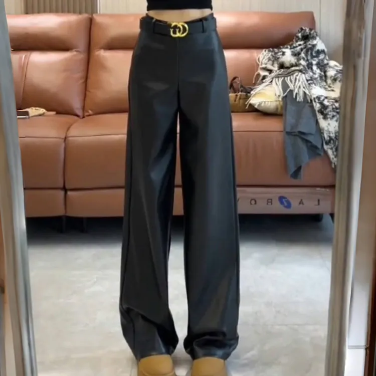 黑色窄版阔腿皮裤女秋季2025新款小个子PU皮高腰显瘦直筒拖地裤子