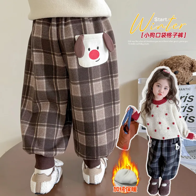 女童加绒格子裤洋气儿童秋冬装新款女宝宝一体绒休闲裤子小女孩潮
