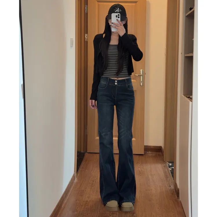 美式复古深蓝色微喇牛仔裤女秋新款辣妹弹力修身显瘦不贴腿喇叭裤