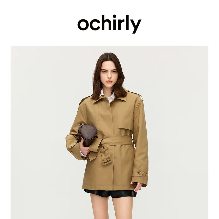 【季末折扣】欧时力 中长款风衣棉服短外套复古配腰带2025秋冬新品