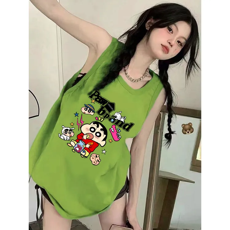 【现货现发】高品200克纯棉坎肩女t恤背心蜡笔小新无袖上衣宽松吊带