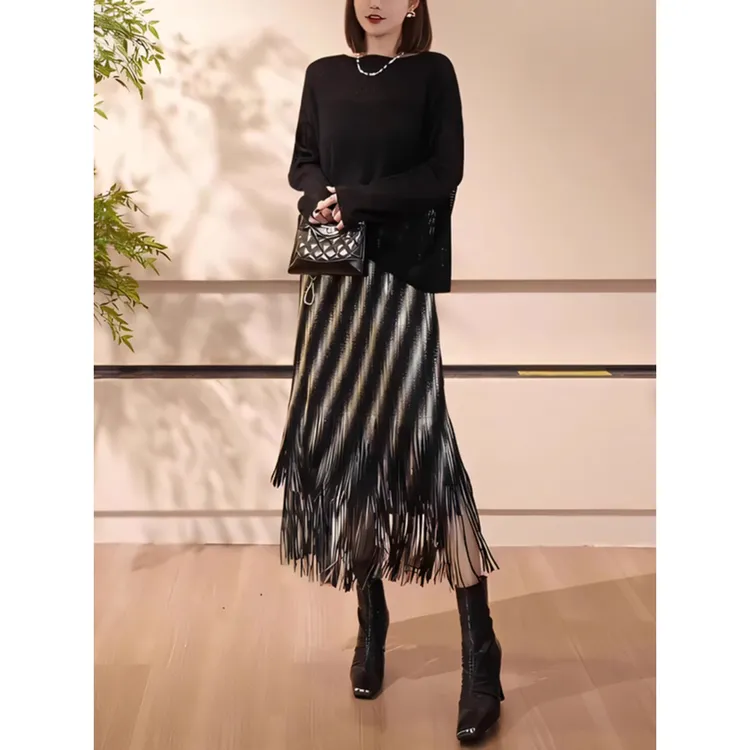 黑白条纹气质流苏中长裙子女小众时髦气质半身裙新款
