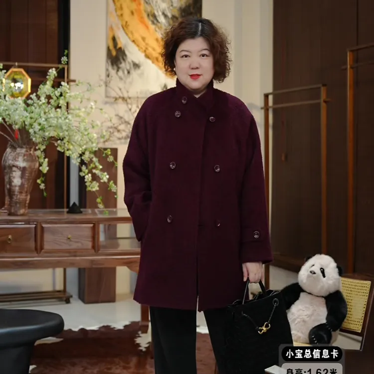 金雀绫【玫瑰夫人】极简风立领长毛加宽加大大衣毛呢外套SZA4MY679
