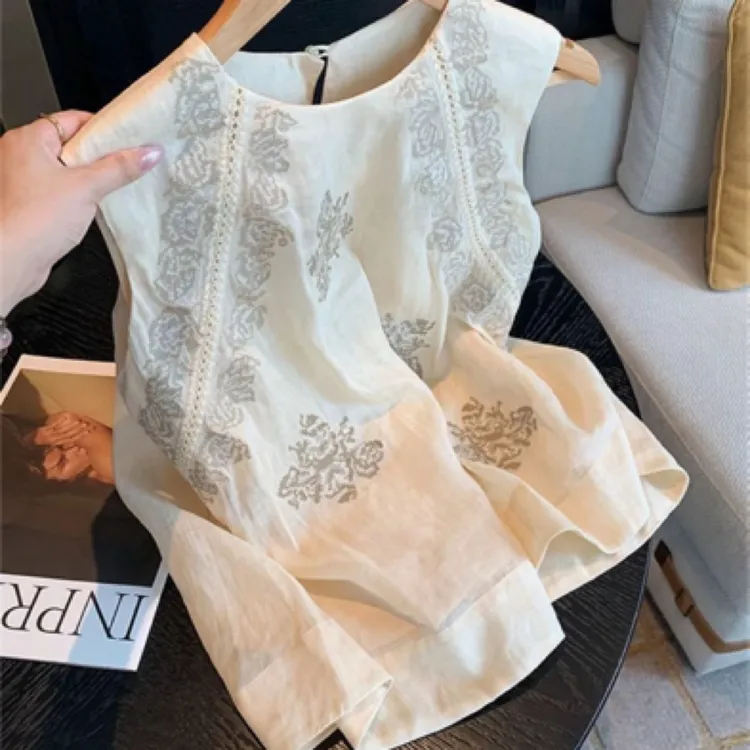 花朵重工刺绣无袖圆领薄款夏季小众复古慵懒气质女背心