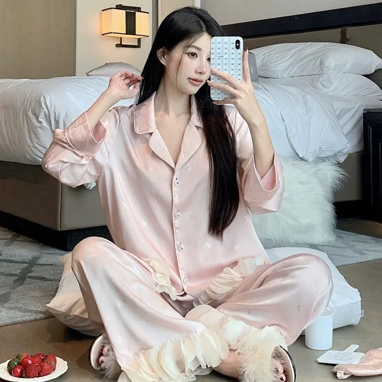 夏季薄款法式冰丝春夏家居服套装多巴胺穿搭薄款女士睡衣休闲长袖