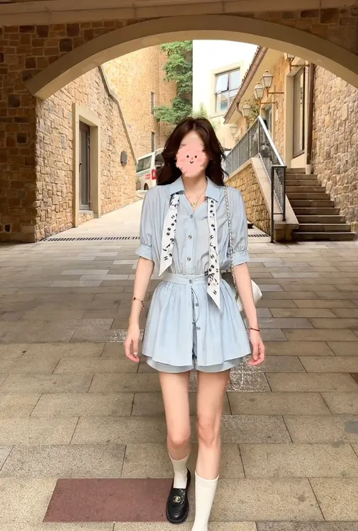 松弛氧气 baby蓝亚麻收腰上衣套装高腰遮胯短裤时尚夏季减龄