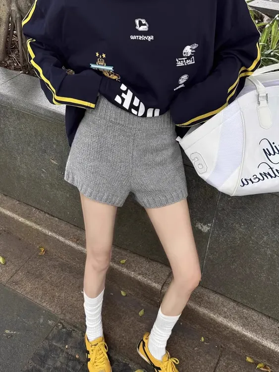 秋冬新款韩版百搭针织短裤女小个子直筒宽松阔腿休闲裤毛线裤