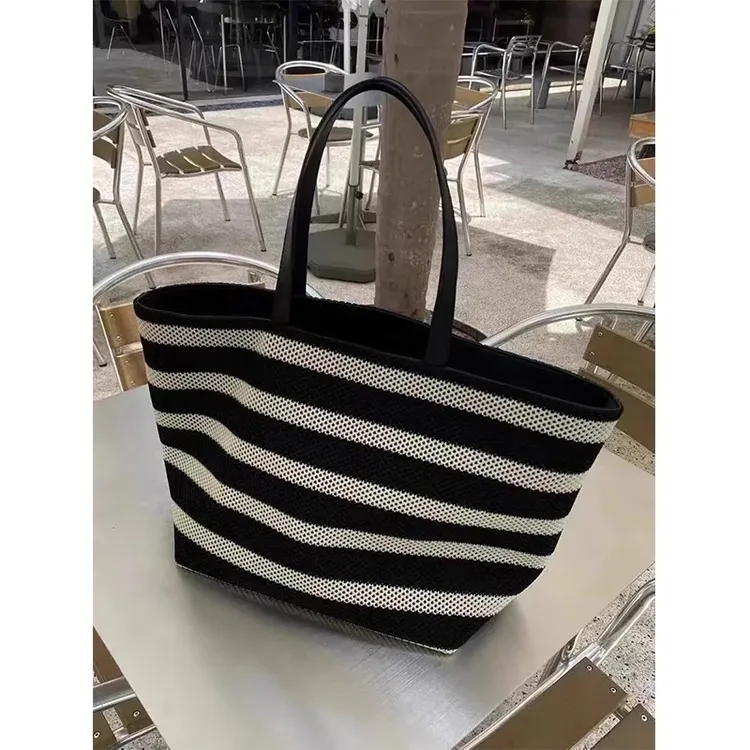 【定制面料】黑白条纹托特包编织大容量单肩女包懒惰风轻便度假包