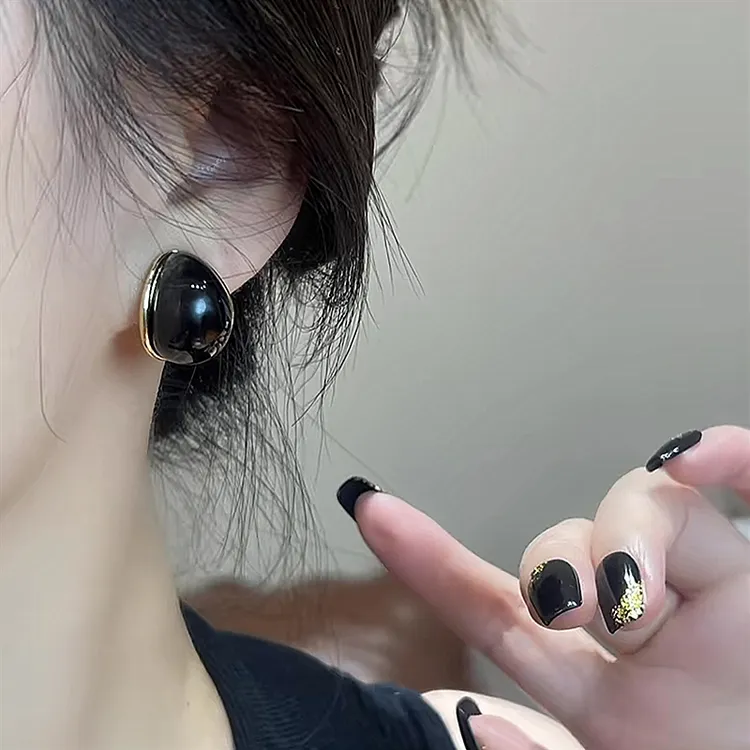 铜合金耳饰 水墨纹黑金撞色水滴耳扣女轻奢高级时尚百搭耳环耳饰