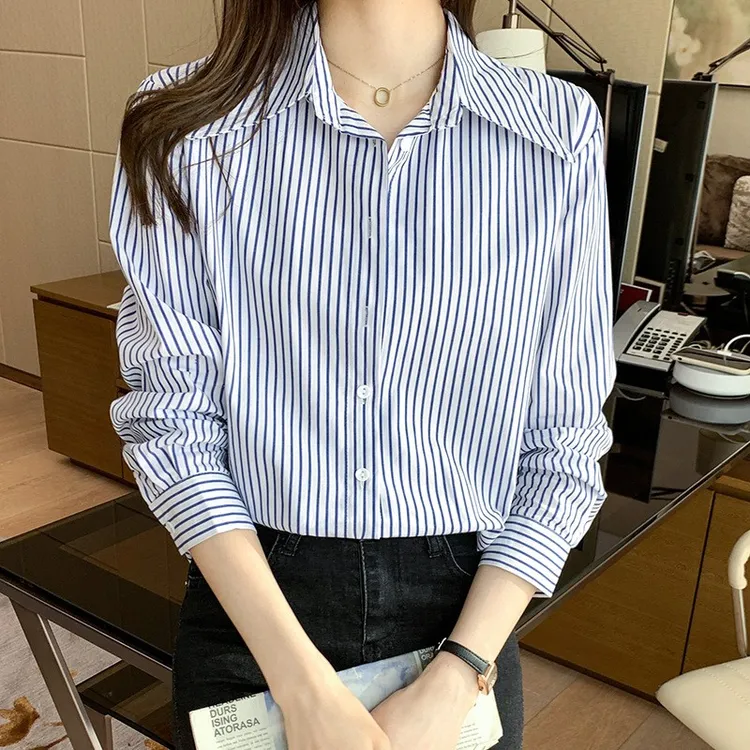 2025春秋新款宽松雪纺衬衫女时尚气质条纹v领长袖百搭职业上衣潮
