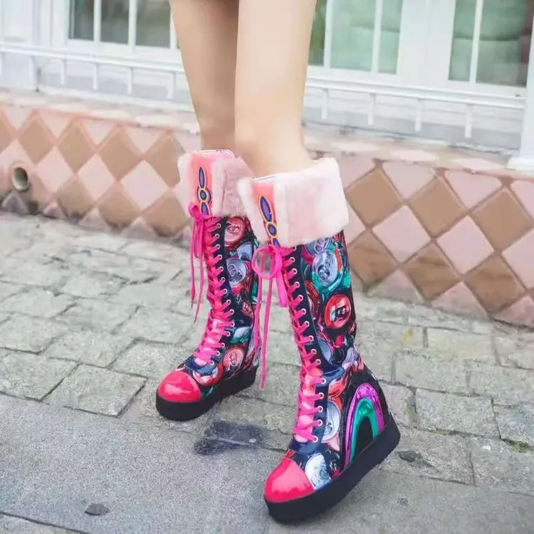 彩色高筒雪地靴女冬季加绒加厚厚底增高系带拼色保暖时尚百搭棉靴