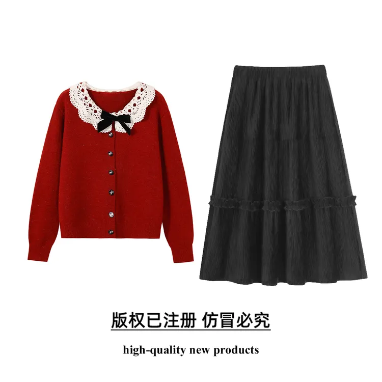 奢姿大码女装2025冬季胖妹妹时尚蕾丝娃娃领蝴蝶结装饰两件套装