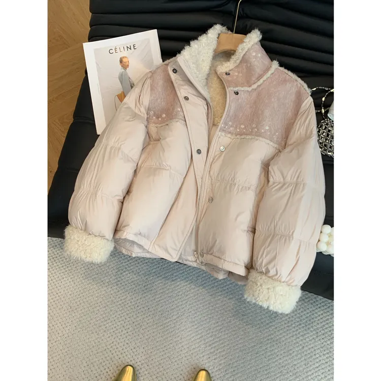 短款羊羔毛拼接棉服女2025冬季宽松小个子设计感大码显瘦减龄外套