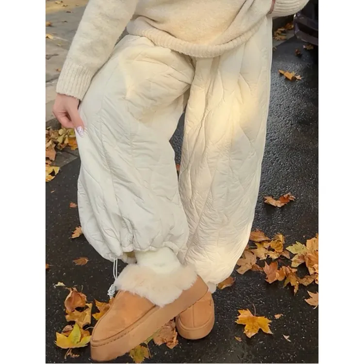 温柔风加绒棉裤女秋冬季2025新款休闲高腰显瘦保暖防寒外穿阔腿裤
