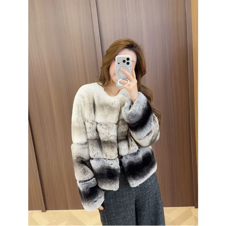 QIXIAOYAO.丝绒青紫蓝兔皮毛一体皮草撞色外套冬季新#YTXN25T78