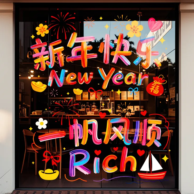 菲寻马年窗花福字静电贴2026新款元旦过年彩色玻璃窗门贴新年装饰