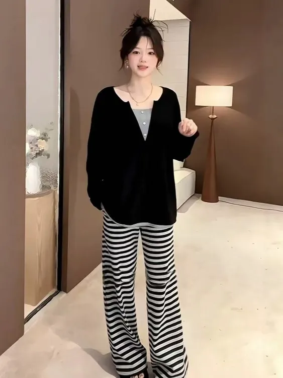 大码胖mm长袖慵懒风纽扣圆领上衣遮肉直筒裤时尚洋气秋冬