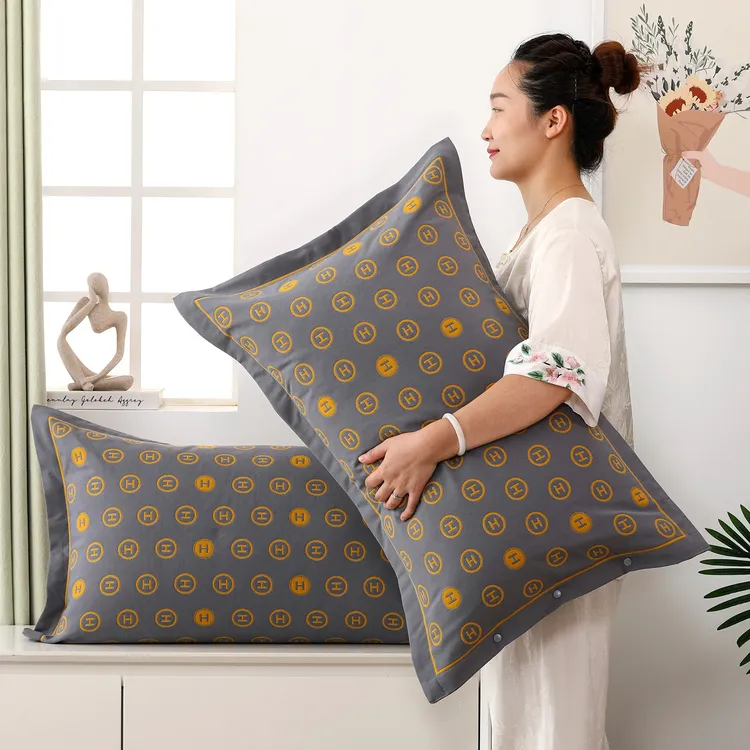 纯棉按扣纱布枕套一对装枕芯套单成人加大厚4874cm侧边口袋式枕套