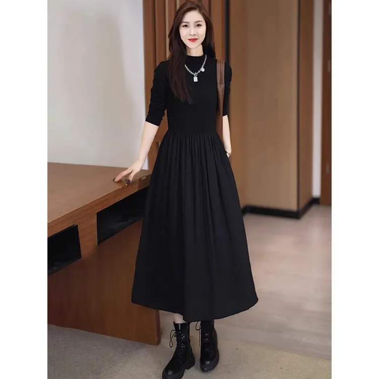 拉夏贝尔高级感连衣裙女2025春秋季收腰显瘦内搭裙子时尚打底长裙