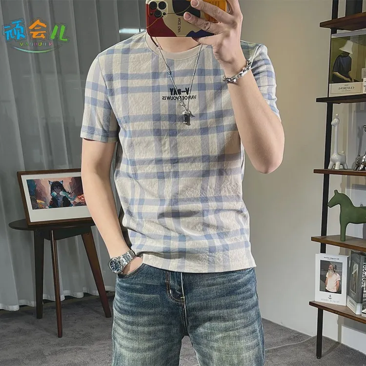 格子短袖t恤男夏季纯棉字母刺绣圆领体恤韩版修身美式复古半袖男