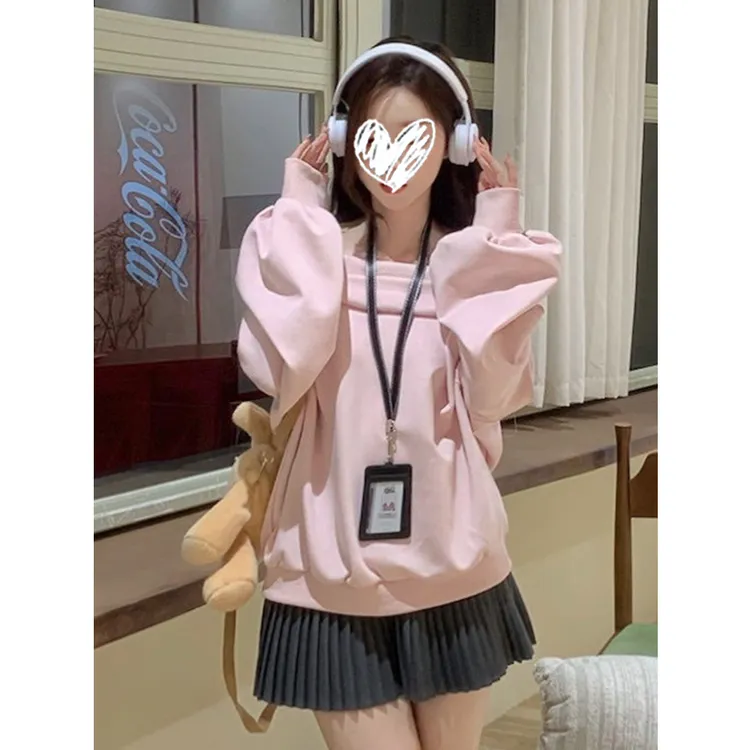 韩版休闲慵懒风一字领斜肩宽松卫衣女秋季新款粉色显瘦百搭上衣