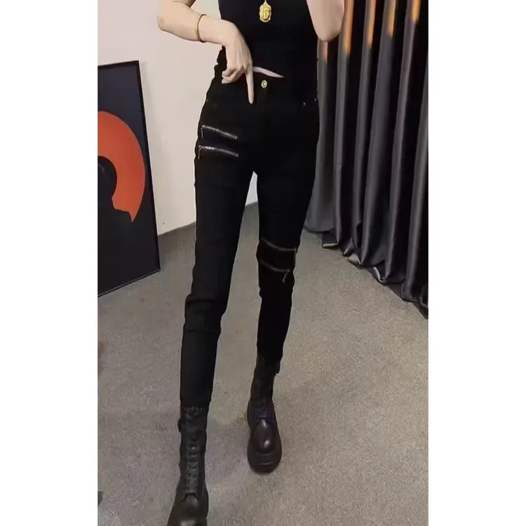 《东北徐老大推荐》大码显瘦早春新高弹重工拉链小脚裤6679