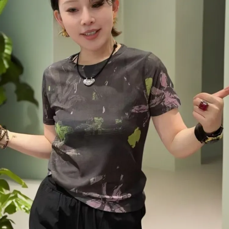 《100分有钱花》JING2026夏季新款时尚百搭圆领印花短袖T恤女装上衣