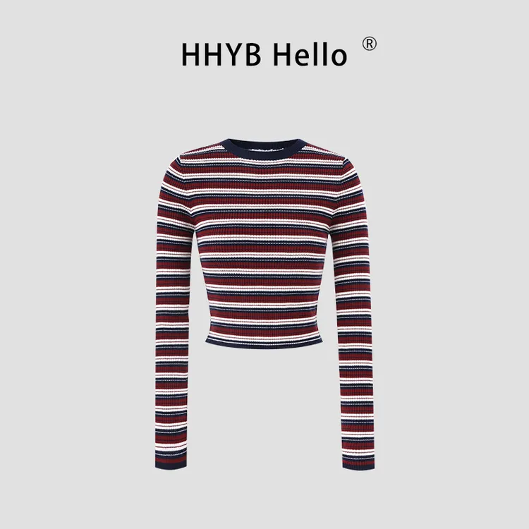 HHYB Hello韩系短款条纹针织打底衫女秋冬2025新款内搭上衣M1626