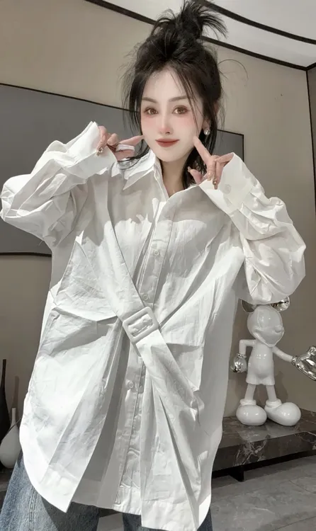设计感绑带翻领白色长袖衬衫女欧货新款宽松收腰显瘦气质衬衣上衣