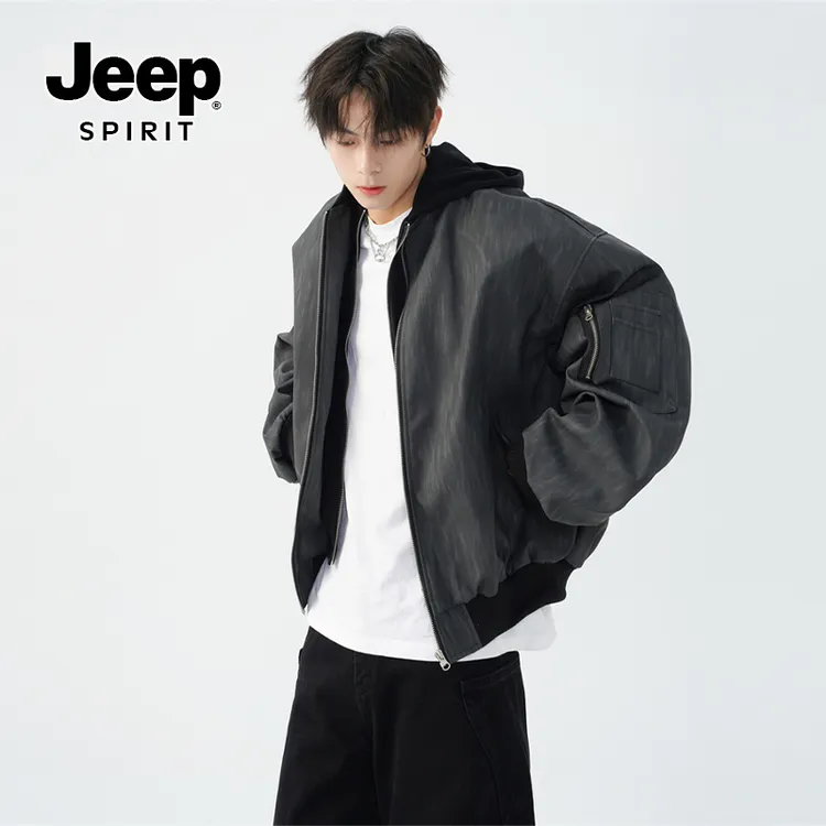 JEEPSPIRIT原创设计美式复古男秋宽松休闲短款连帽纹理夹克外套