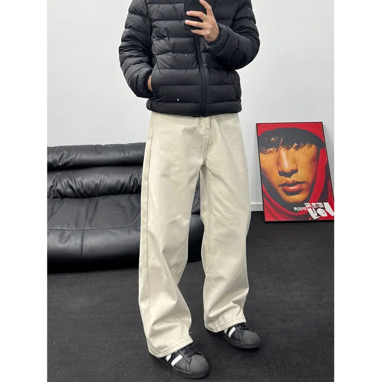 2025AY米白色直筒加绒加厚水洗休闲裤