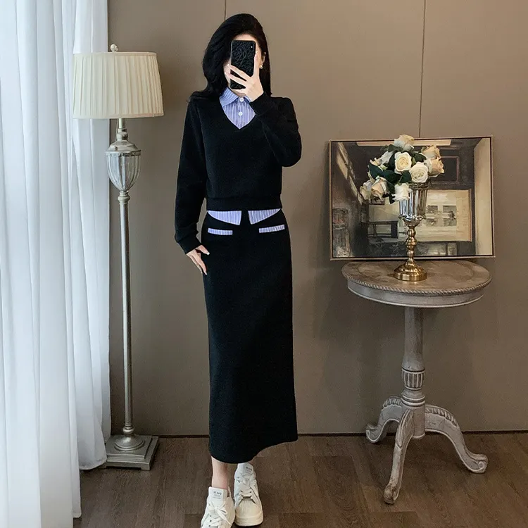 秋季穿搭套装女2025新款高级感休闲显瘦条纹翻领上衣半身裙两件套