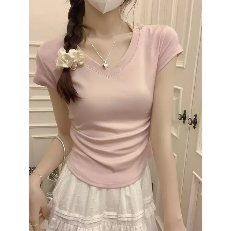 奶蓝色V领少女感正肩T恤夏季2025卡腰褶皱显瘦上衣女小众辣妹短袖