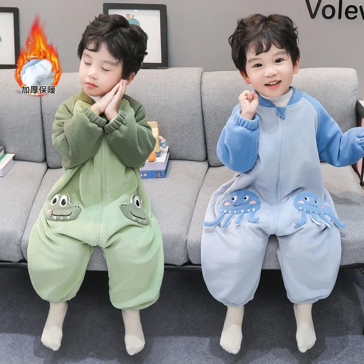 儿童恐龙连体睡衣冬季奥粒绒睡袋双层加厚婴儿防踢男童宝宝爬服冬