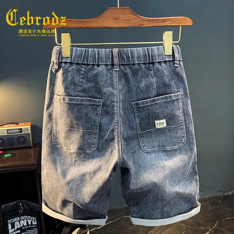 法国Cebrodz松紧腰2025夏季抽绳牛仔短裤男新蓝色斜插袋弹力短裤