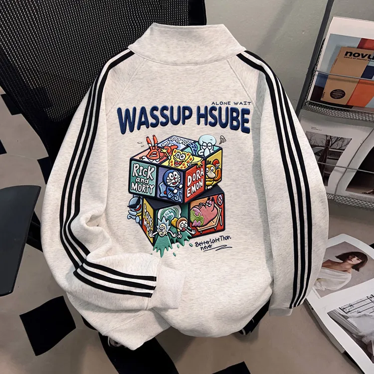 WASSUP HSUBE美式潮流三条杠立领开衫卫衣外套男士潮酷宽松棒球服