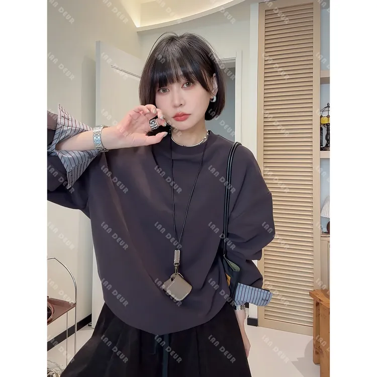 【树下故事】假两件琥珀流光色系显瘦简约气质休闲宽松卫衣女上衣