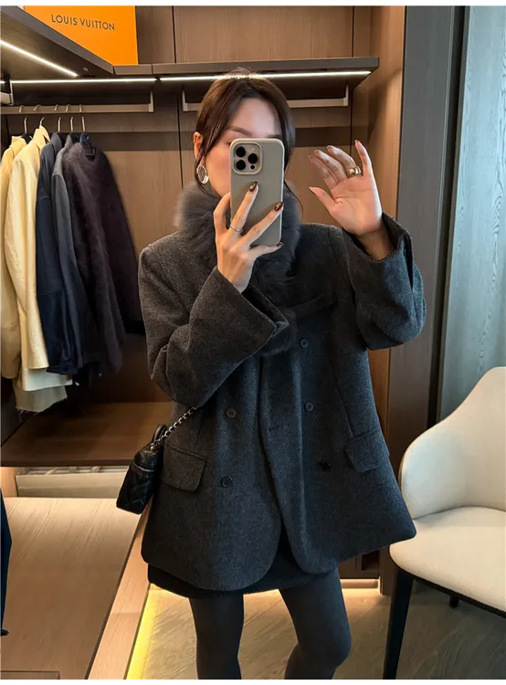 韩版2025冬季新款时尚高级真毛领围脖百搭保暖毛呢羽绒西装外套女