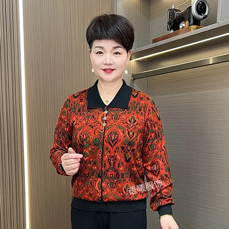 常规款翻领宽松型中老年女装时尚印花长袖洋气上衣F8808-2