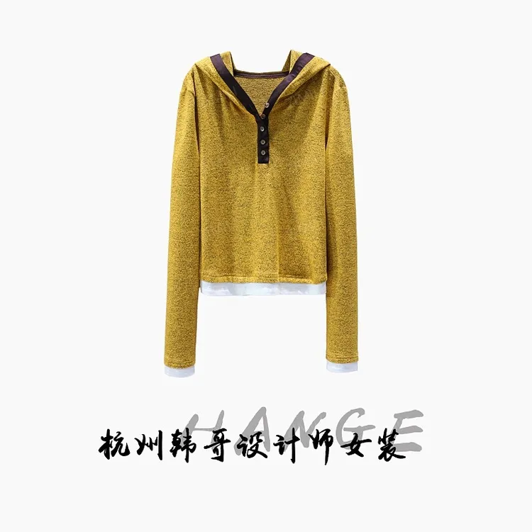 【韩哥女装】2025秋冬新品《麦穗》姜黄色拼接下摆连帽上衣6665-A2