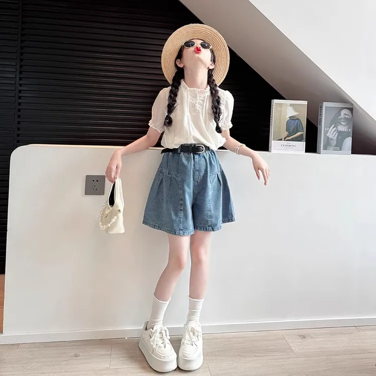 女童夏装套装2025新款儿童洋气娃娃衫上衣中大童牛仔短裙裤两件套