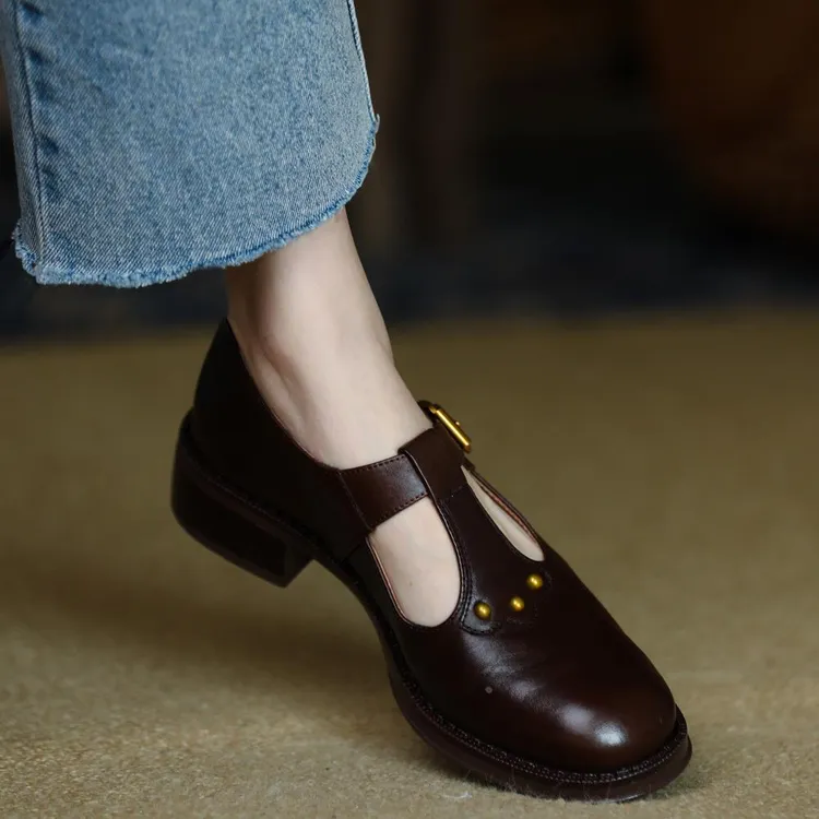 怀鸢复古真皮玛丽珍鞋单鞋2025新款中跟粗跟英伦风小皮鞋女鞋