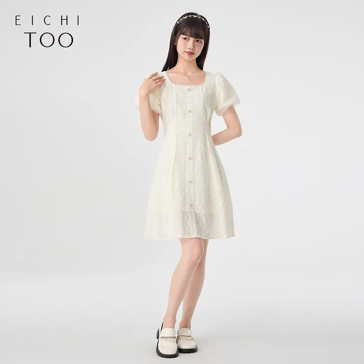 爱居兔夏季女装棉感蕾丝面料短袖连衣裙EQLBJ2N032A